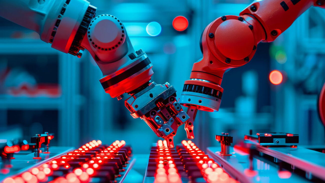 This close-up captures the essence of modern manufacturing, showcasing two robotic arms working in unison on an assembly line. The sleek, metallic arms are highlighted by the red lights of the work surface and the blue hue of the factory's backdrop. The image conveys a sense of precision, efficiency, and the advancement of automation in industrial settings. It is a powerful visual representation of the future of manufacturing, highlighting the role of robotics in modern production processes. The image is suitable for use in presentations, articles, and marketing materials related to robotics, automation, manufacturing, and technology.