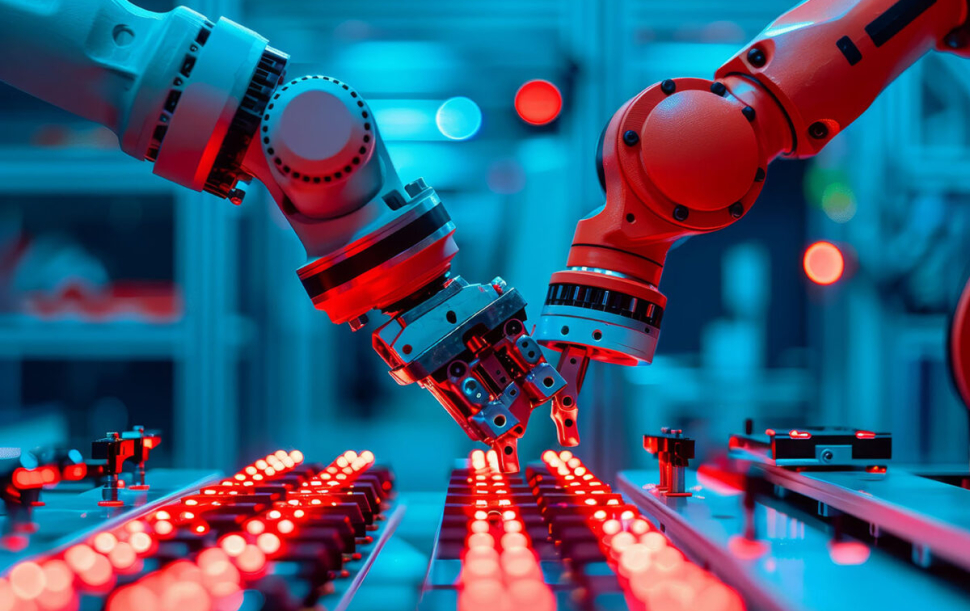 This close-up captures the essence of modern manufacturing, showcasing two robotic arms working in unison on an assembly line. The sleek, metallic arms are highlighted by the red lights of the work surface and the blue hue of the factory's backdrop. The image conveys a sense of precision, efficiency, and the advancement of automation in industrial settings. It is a powerful visual representation of the future of manufacturing, highlighting the role of robotics in modern production processes. The image is suitable for use in presentations, articles, and marketing materials related to robotics, automation, manufacturing, and technology.